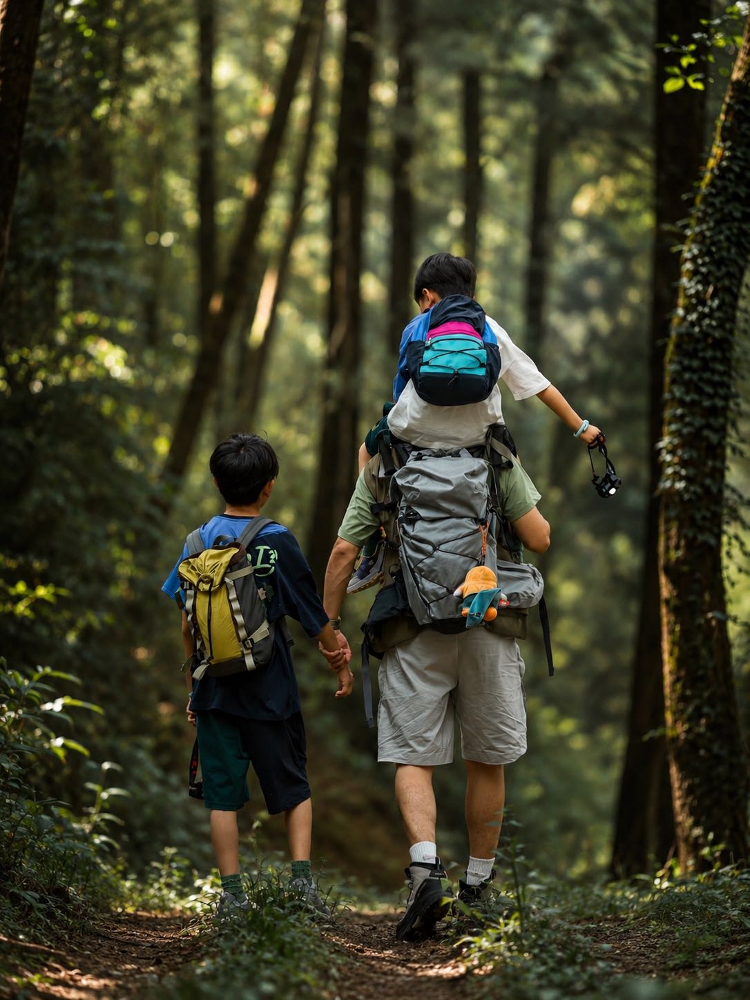 Family walking together through a Yunnan forest